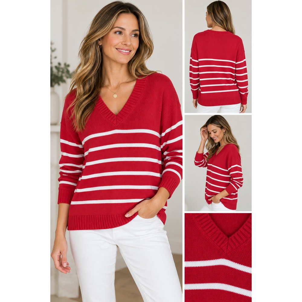 New Karen Kane Sweater XL Red White Stripe V Neck Nautical Coastal Preppy Knit